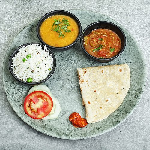 Tulsi Foods mini thali — dal, sabzi, phulka, rice and curd